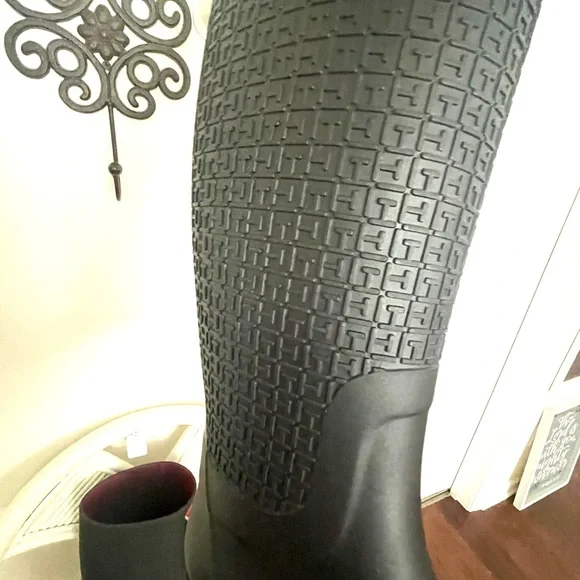 Tommy Hilfiger Black Raised Monogrammed Knee-High Rubber Rain Boots - Picture 9 of 14